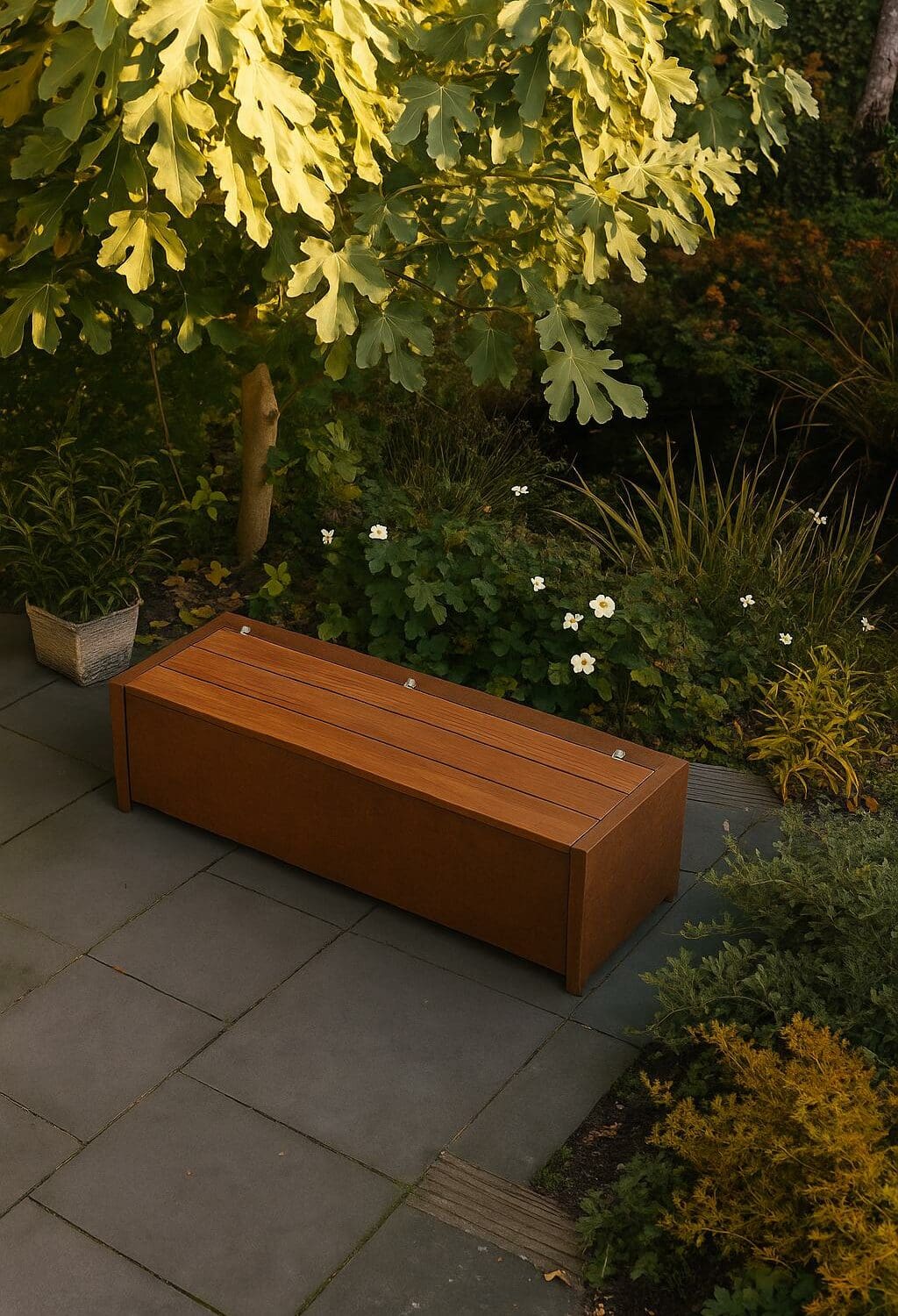 Alternatief beeld van Tuinbank cortensstaal met opbergruimte - zonder rugleuning